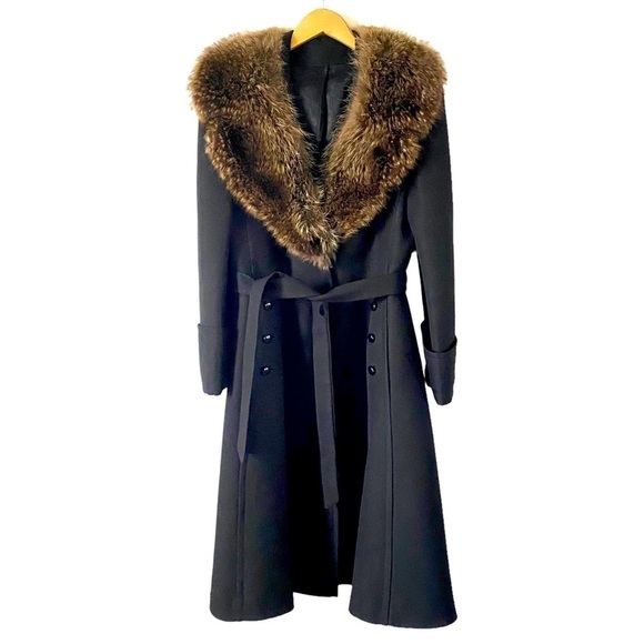 Vintage Fur Trimmed Maxi Coat Black Wool Brown Fox Fur Collar 60s Womens S / M - Picture 1 of 16